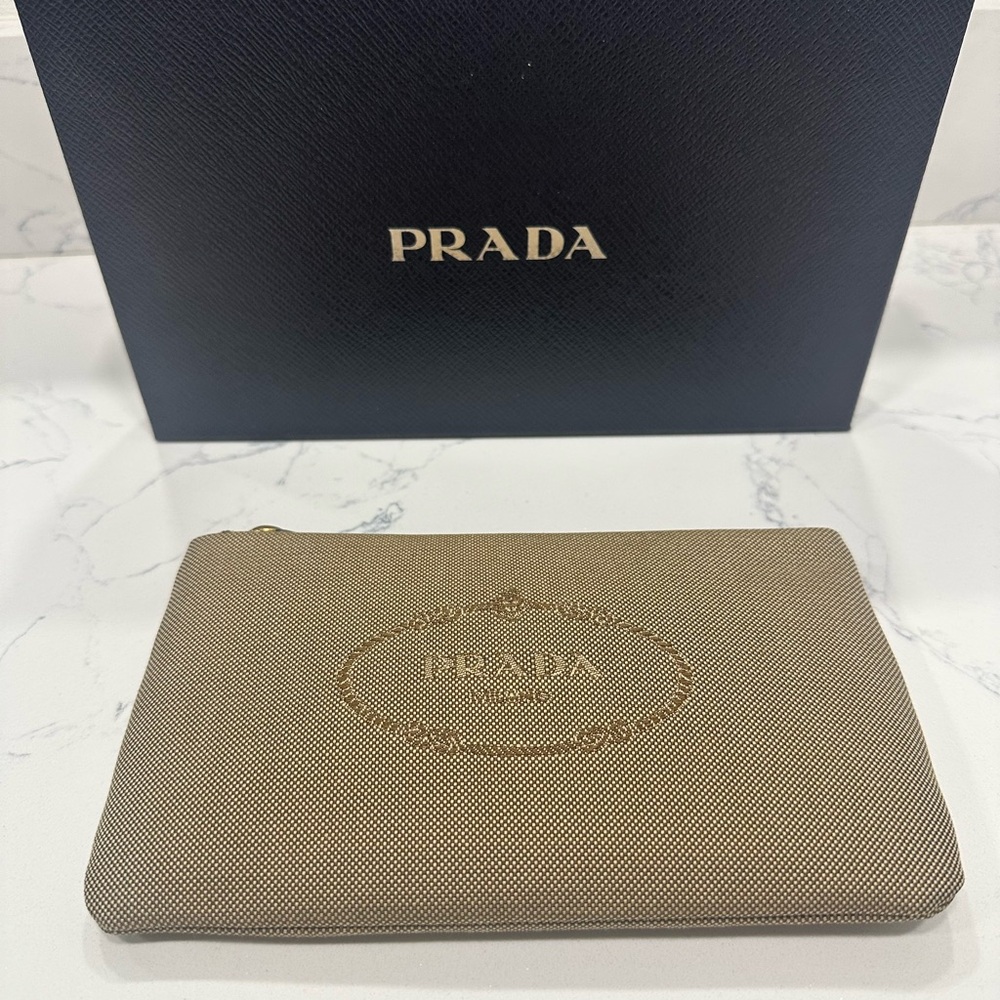 Prada Logo Jacquard Beige Canvas Small Flat Pouch Clutch Bag - Picture 7 of 8